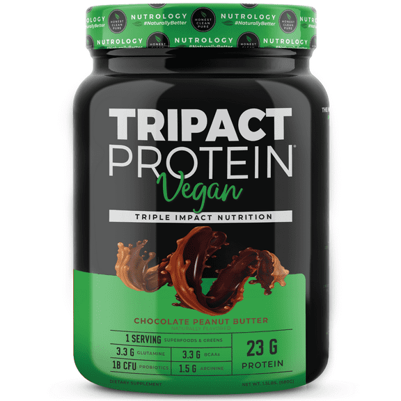 Tripact Vegan Protein–Non-GMO–Organic Plant Proteins–Superfoods-Greens–Probiotics-Digestive Enzymes–BCAAs and Glutamine–No Artificial Colors, Flavors or Hormones–Chocolate Peanut Butter (20 servings)