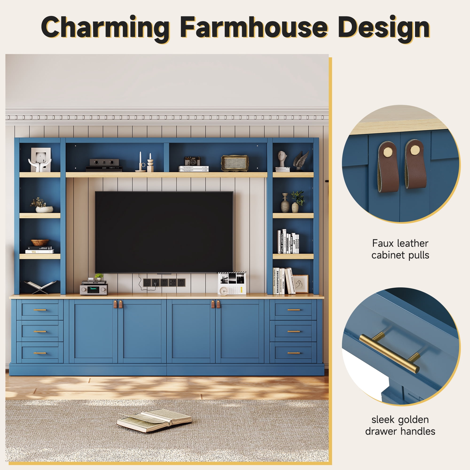Euroco 102.3"W Farmhouse 4-Piece Entertainment Center Wall Unit with Adjustable Shelf, Modern Large TV Stand with Bookshelves