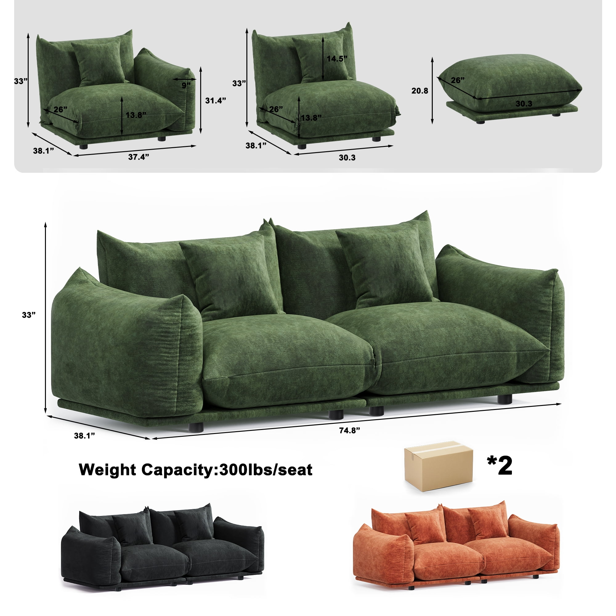 Advwin 75" Oversized Chenille Loveseat Sofa, Modern Cloud Couch with Thick Cushions for Living Room, Bedroom, Apartment, Small Spaces, Green