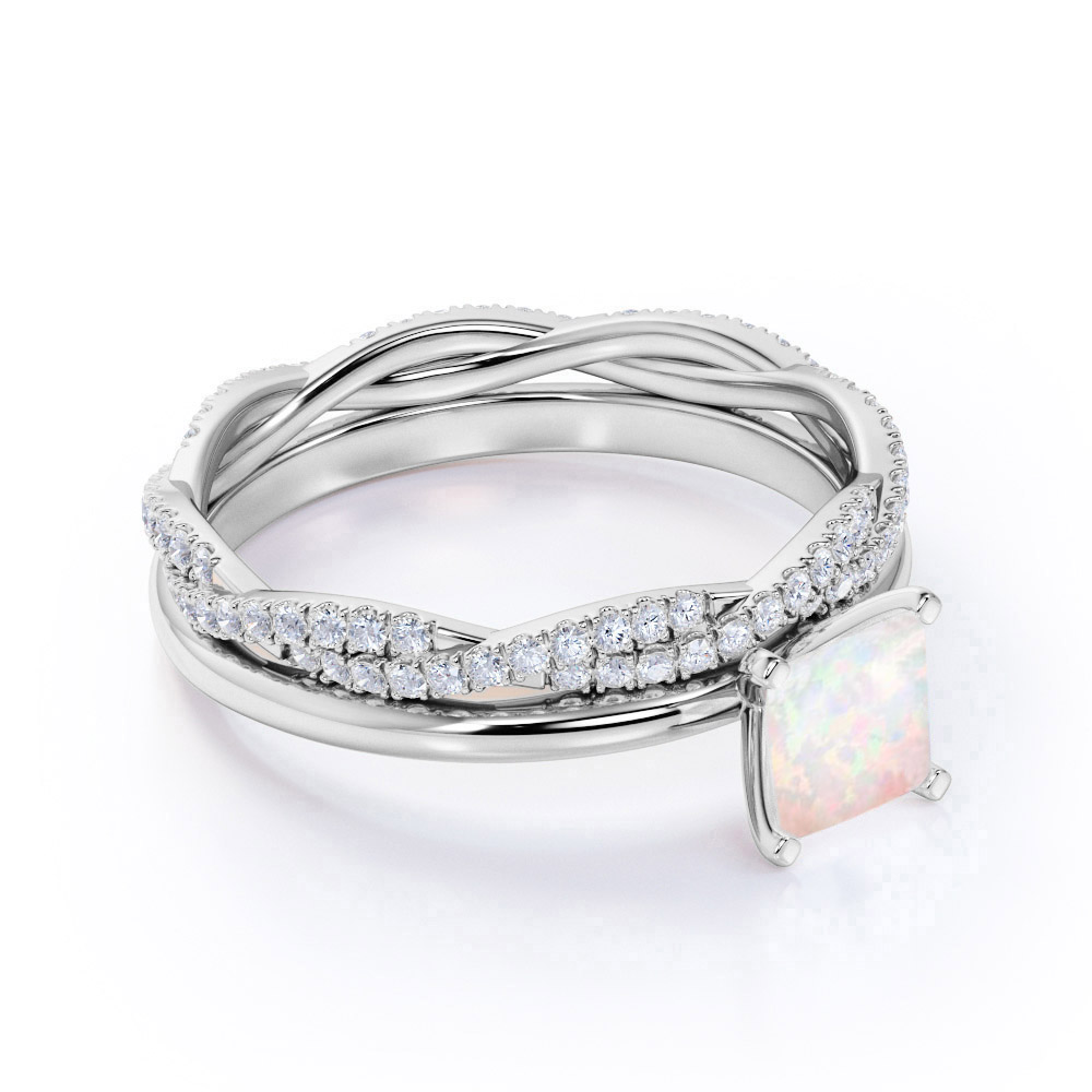 JeenMata 1.75 ct Genuine Princess Cut Opal and Moissanite Bridal Ring Set in 18K White Gold over Silver