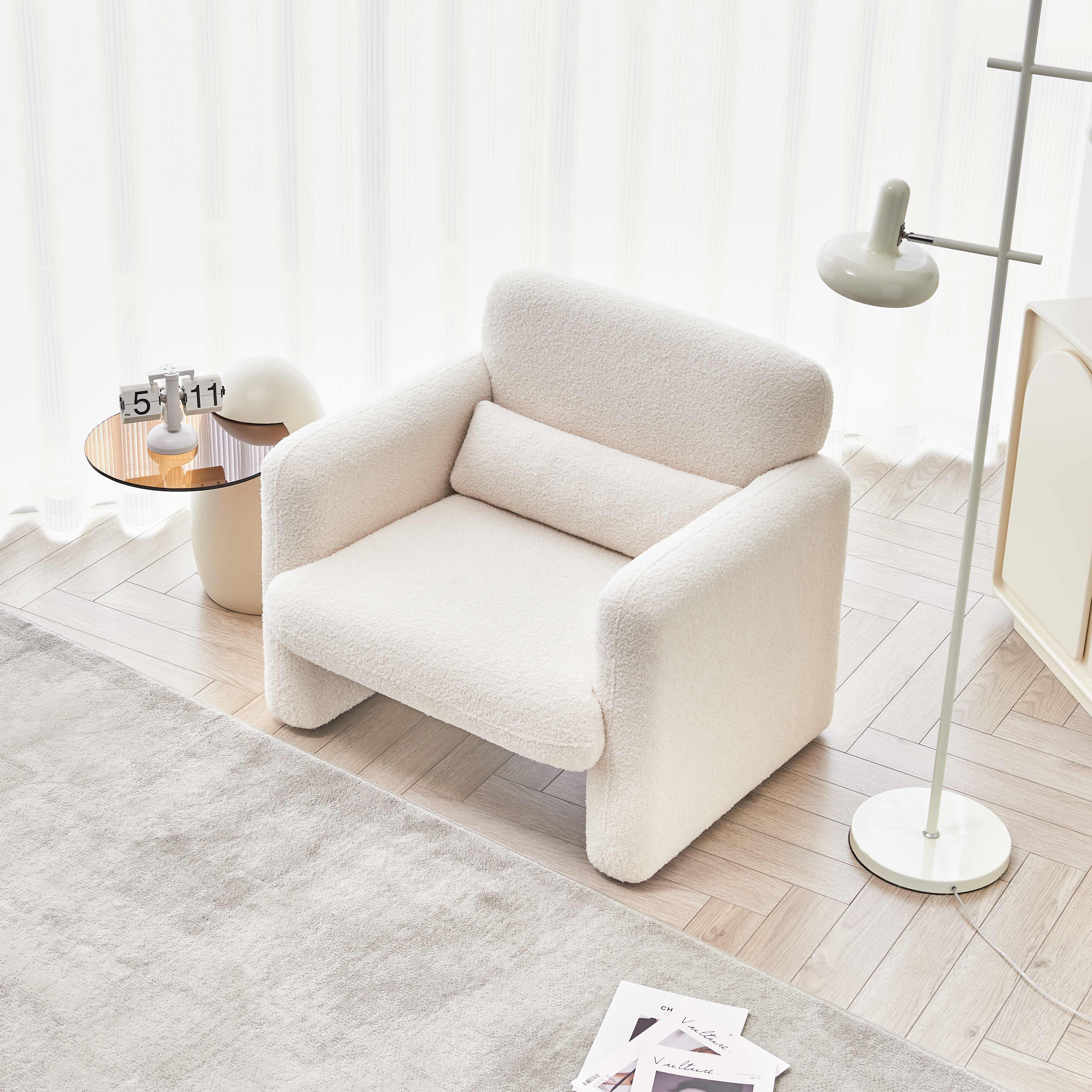 MAYEERTY Modern Lamb Fabric Armchair Solid Wood Frame Toss Pillow Included