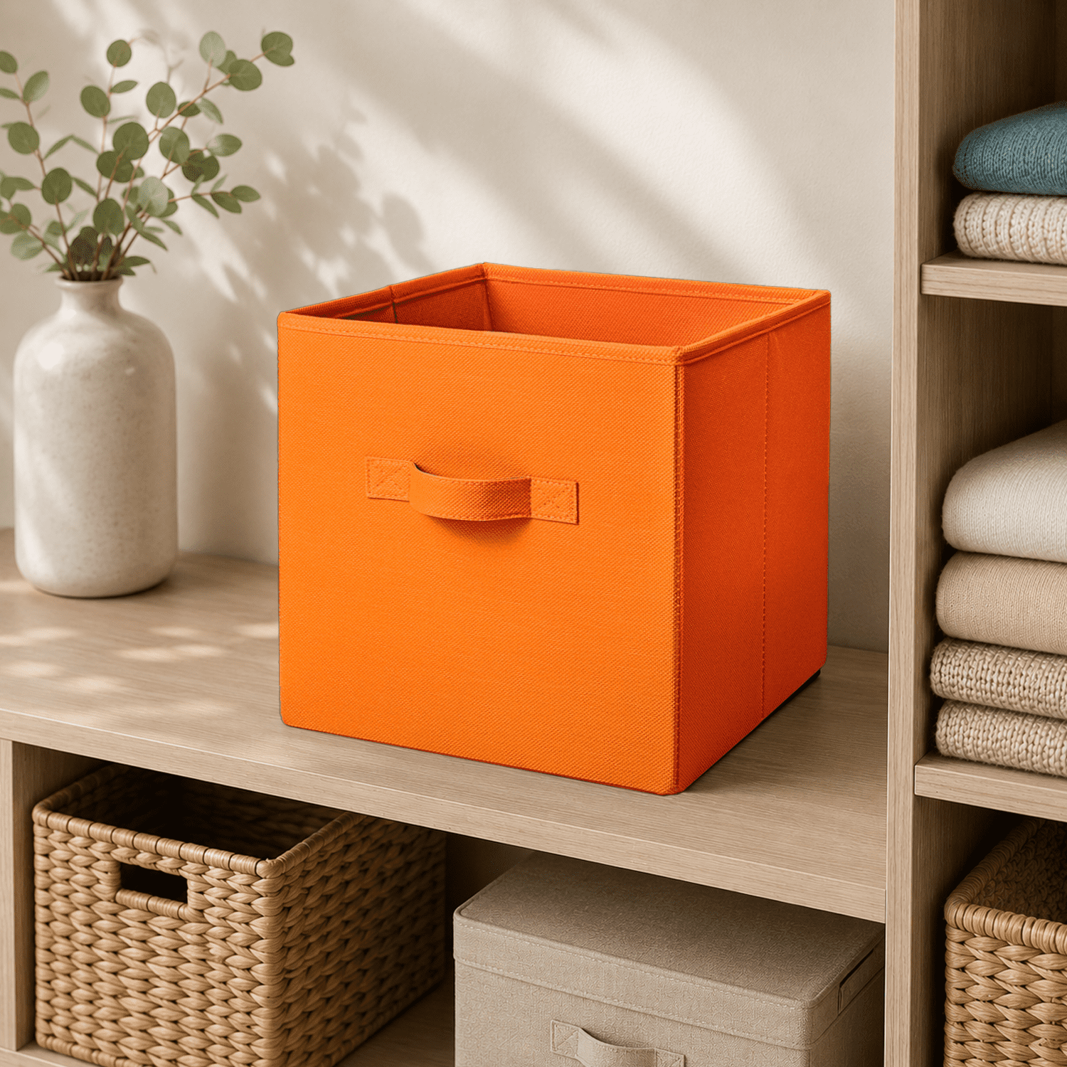 Mainstays Collegiate Collapsible Fabric Bins 10.5X10.5, Bright Orange, 4 Pack