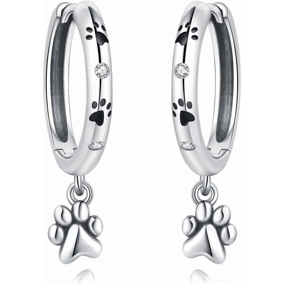 SUETOR 925 Silver Plated Dog Pawprint Dangle Earrings for Women, Hypoallergenic Huggie Hoops with Drop Charm, Pet Lover Jewelry Gift
