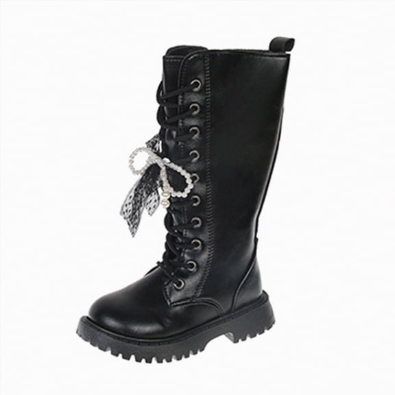 CAICJ98 Girl Boots Lace Up Combat Boots Mid Calf Boots PU Leather Side Zipper Punk Goth Girls Riding Boots (Little Kid/Big Kid),13.5