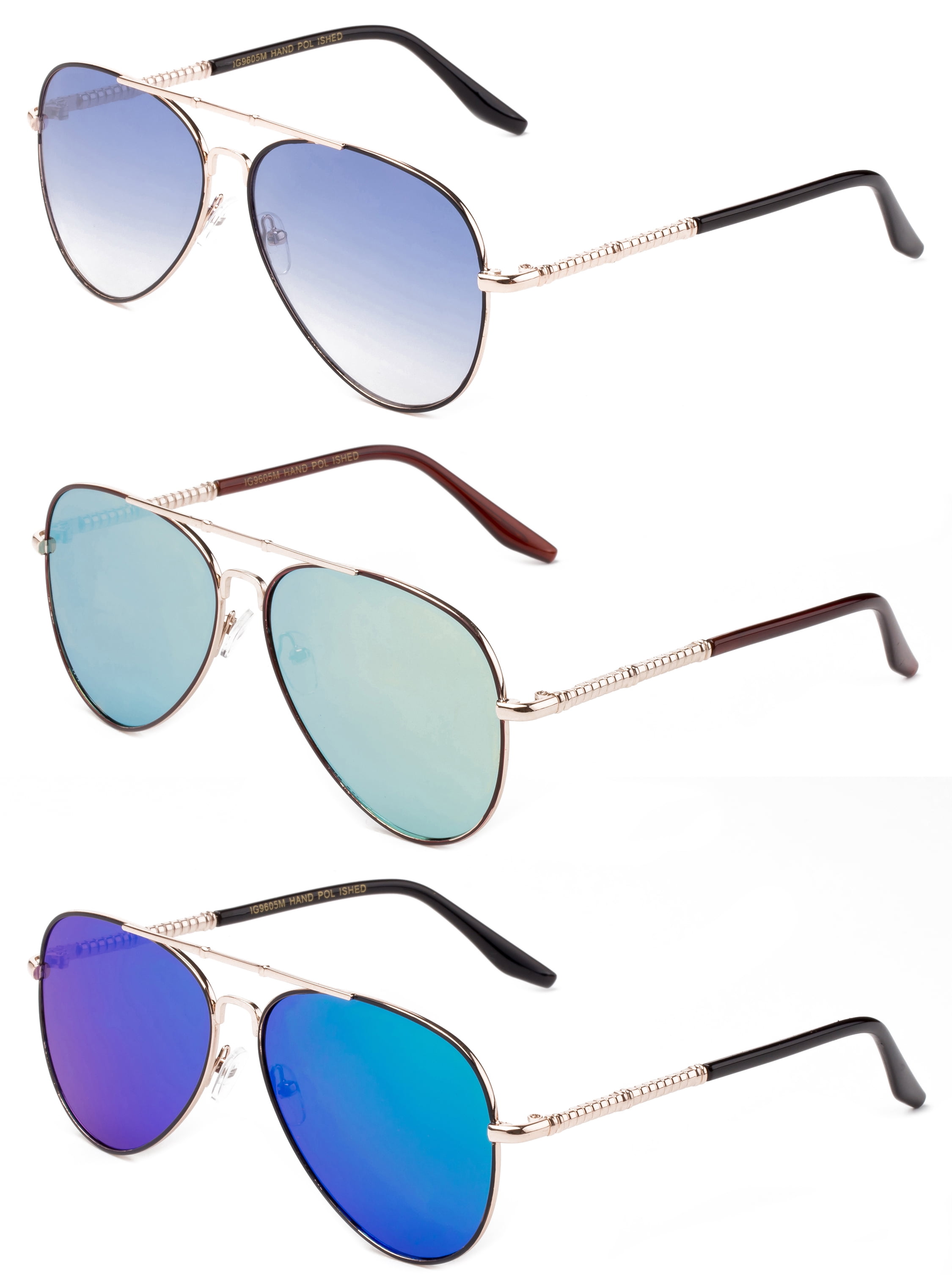 3 Pack Metal Rim Aviator Sunglasses for Men for Women, Green, Yellow & Blue