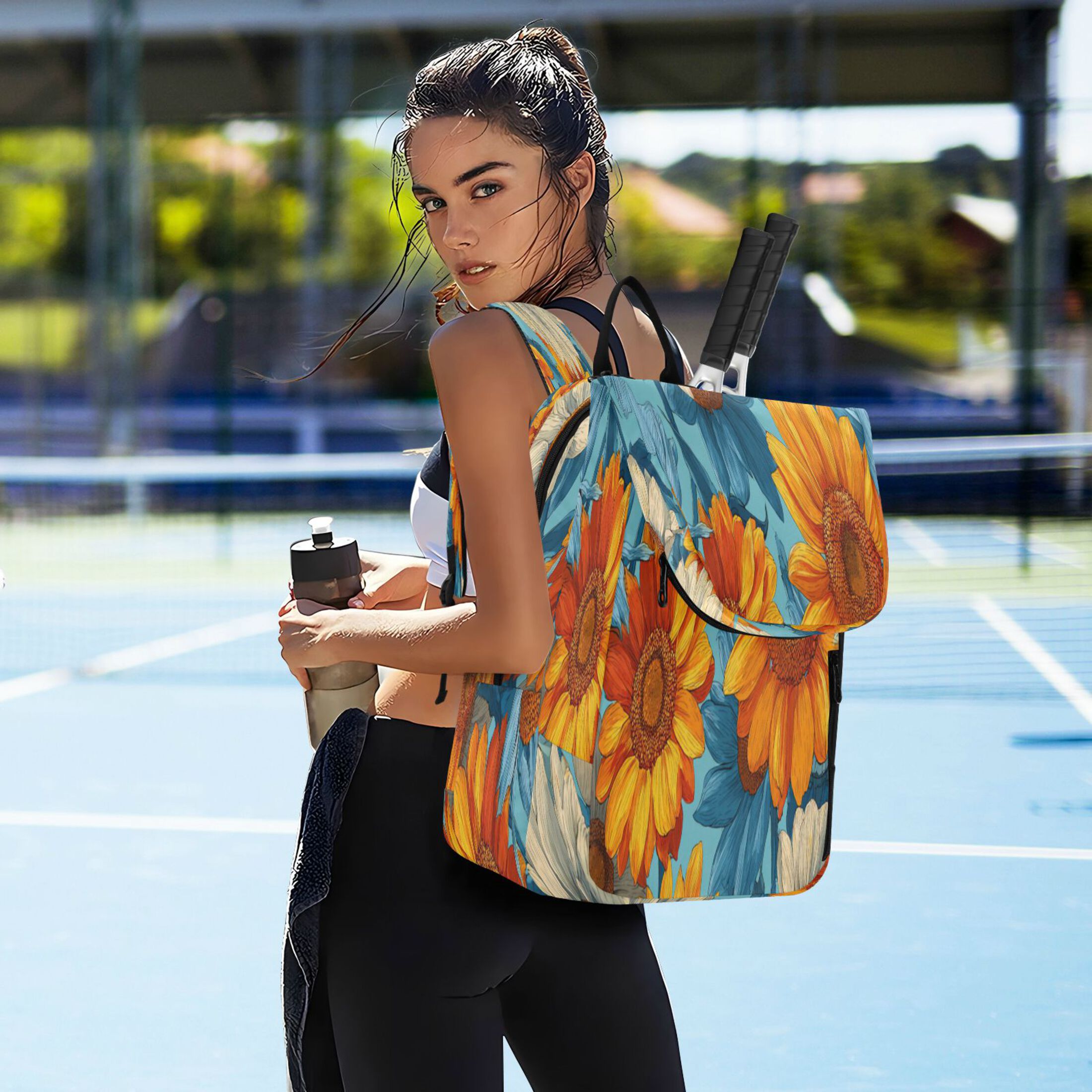 2 Racquet Holder Tennis Backpack Tennis Racket Covers Gym Bags Blue and Yellow Beautiful Sunflowers
