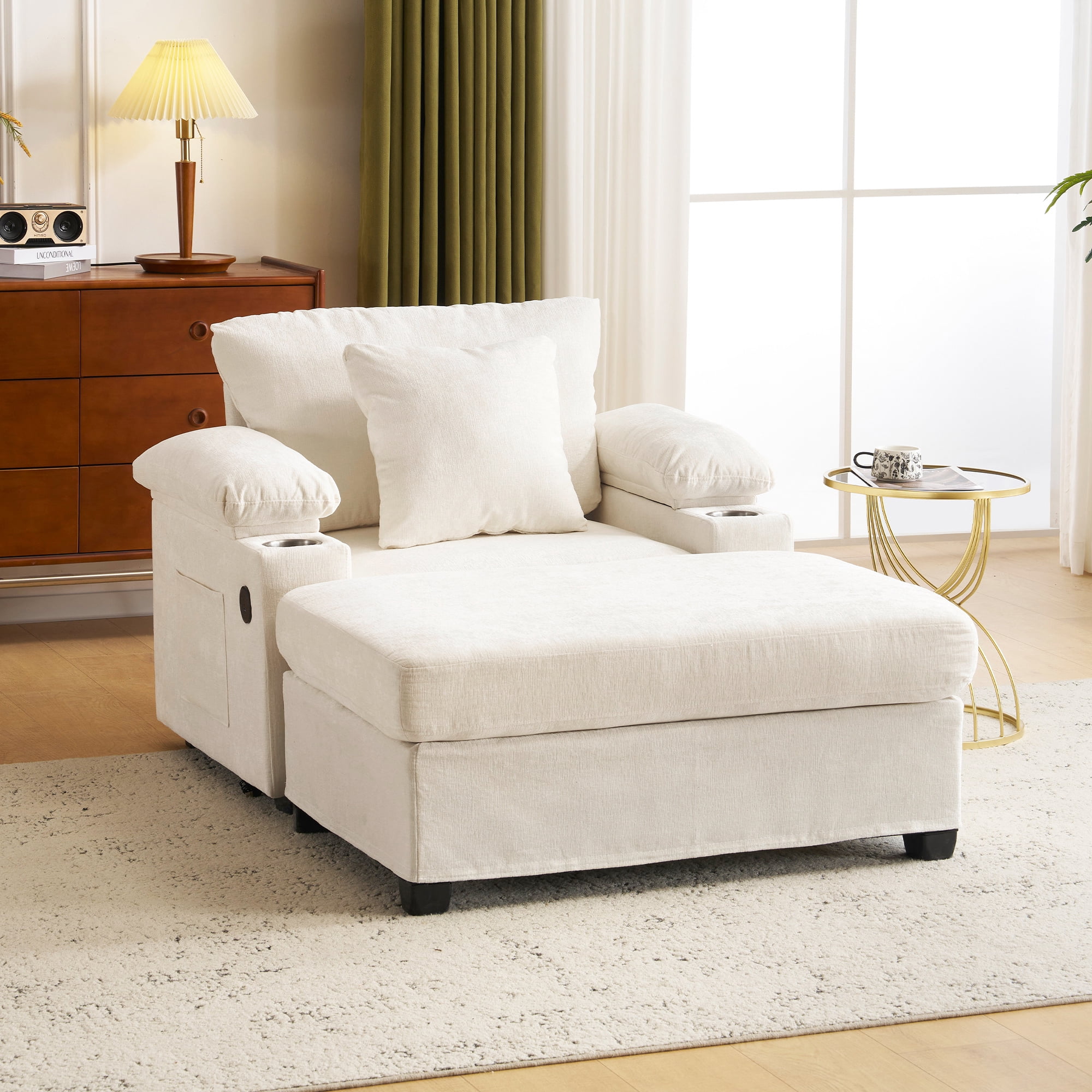 Aukfa 58" Chaise Lounge Oversized Sofa Chair with 2 Cup Holders&USB Ports, Chenille, Beige