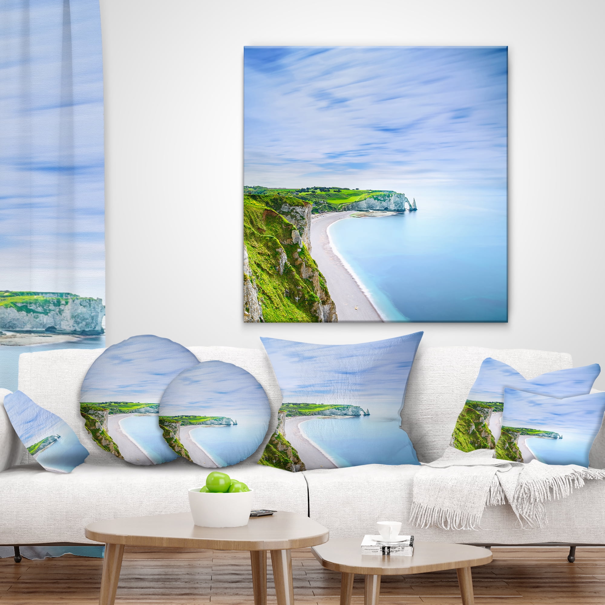Designart Etretat Aval Cliff and Rocks Normandy - Beach Photo Throw Pillow - 18x18