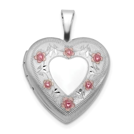 Auriga Fine Jewelry 925 Sterling Silver / Satin Epoxy 16mm Floral Heart Locket (L- 16mm, W- 15.95mm) for Women