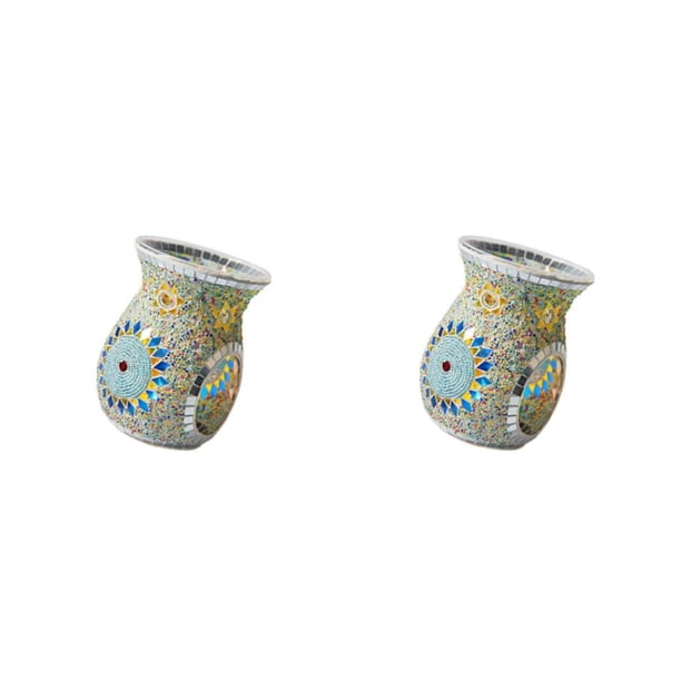 Bewildely Mosaic Glass Oil Burner Candle Holder Decor Home Melt Wax 2piezas Azul amarillo