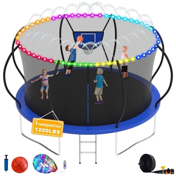 XMIKA Trampoline, 1200LBS 12FT Trampoline for 1-2 Adults/ 4-5 Kids, Trampoline with Enclosure Net, Basketball Hoop, Ladder, Light, Sprinkler, Backyard Outdoor Heavy Duty Trampoline, No Gap Design