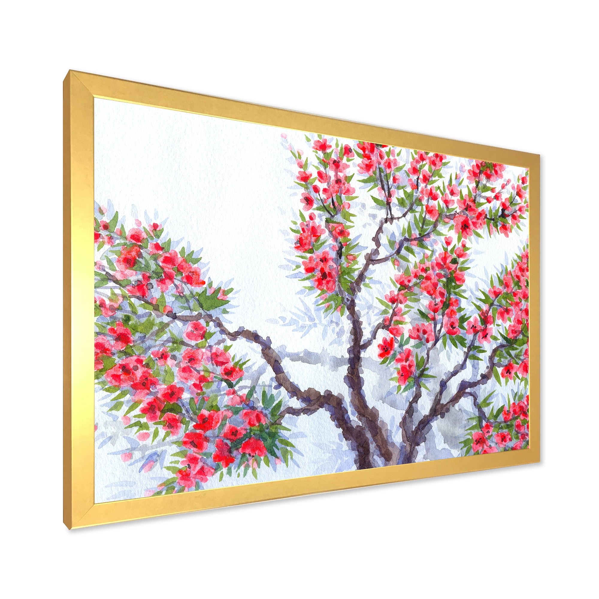 Abstract Red Flowers of Spring Tree 32 in x 24 in Framed Painting Canvas Art Print, by Designart