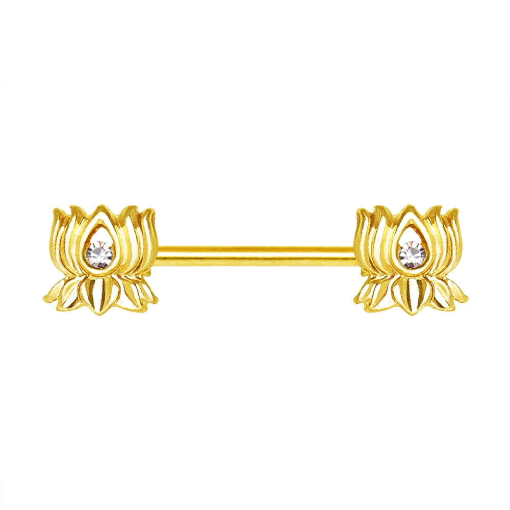 Gold Plated Jeweled Lotus Flower Nipple Bar