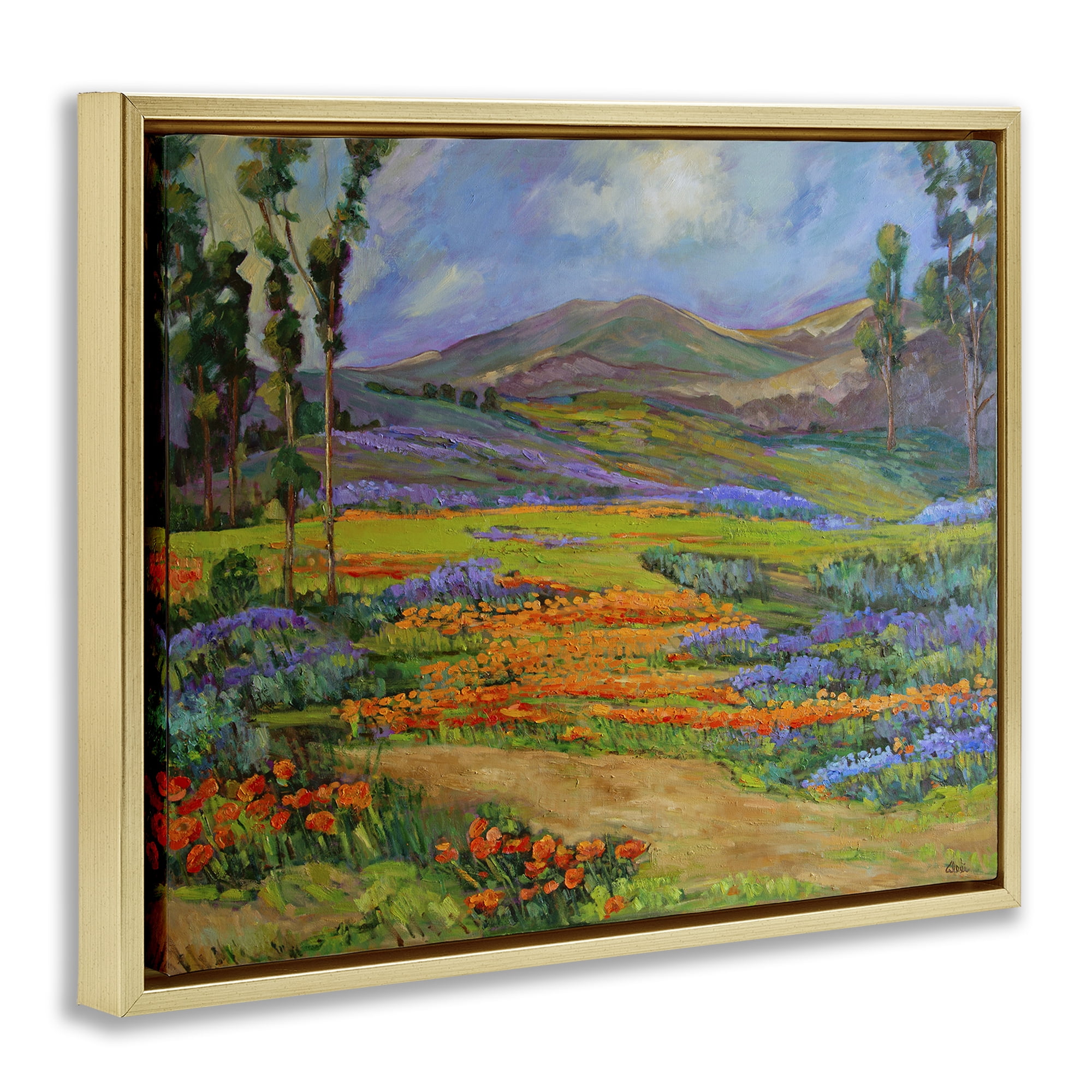 Stupell Industries Bountiful Meadow Landscape Landscape & Nature Painting Gold Floater Framed Canvas Art Print Wall Art, 21 x 17