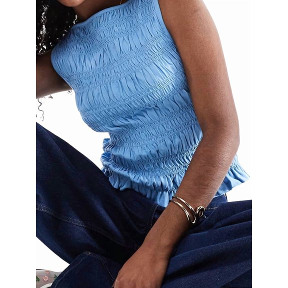 Women Shirred Tank Top Ruffle Sleeveless Tanks Frill Smocked Crew Neck Tops Blue L