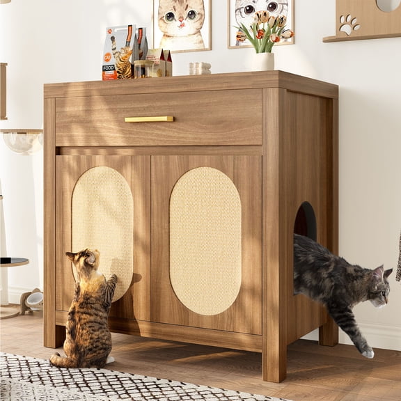 YIYADO Cat litter Box Enclosure with Anti-scratch Door, 31.5-Inch Cat Litter Box Enclosure Furniture Hidden Cat Litter Box, Modern Indoor Cat House, TV Cabinet, Living Room Side Coffee Table, Brown