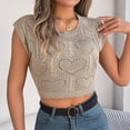 thumbnail image 5 of AherBiu Crop Tops pour Femmes Été Tricoté Crochet Couleur Unie Col Rond Manches Courtes Coupe Ample Pulls Tees, 5 of 5