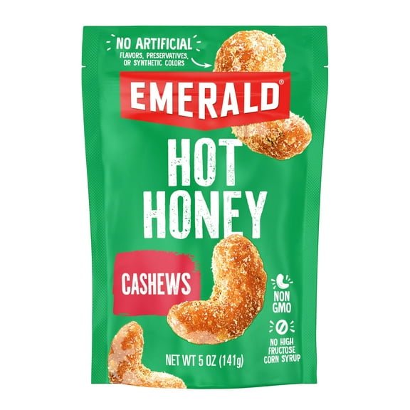 Emerald Nuts Hot Honey GGA1 Cashews (1-Pack) | 5oz Resealable Bag | Kosher Dairy Certified, Non-GMO, Contains No Artificial Preservatives, Flavors or Synthetic Colors