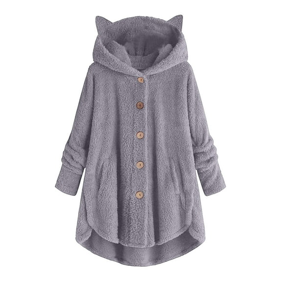 Lovskoo Womens Full Zip Up Hoodie Fuzzy Fleece Jacket Plus Size Button Fluffy Pullover Tops Long Sleeve Hooded Coat Gray