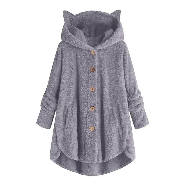 Wensltd Long Sleeve Plush Jacket for Women Hooded Loose Fit Fall Winter Outdoor Button Down Jackets