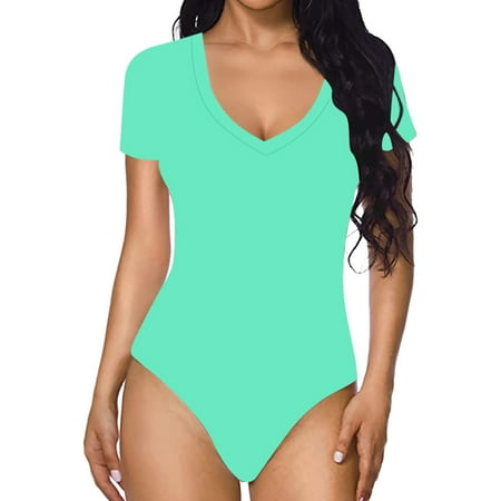 Jumpsuit Women Casual Sexy Tight Solid Color V Neck Short Sleeved Bodysuit Green Women S Polyester Jumpsuit M