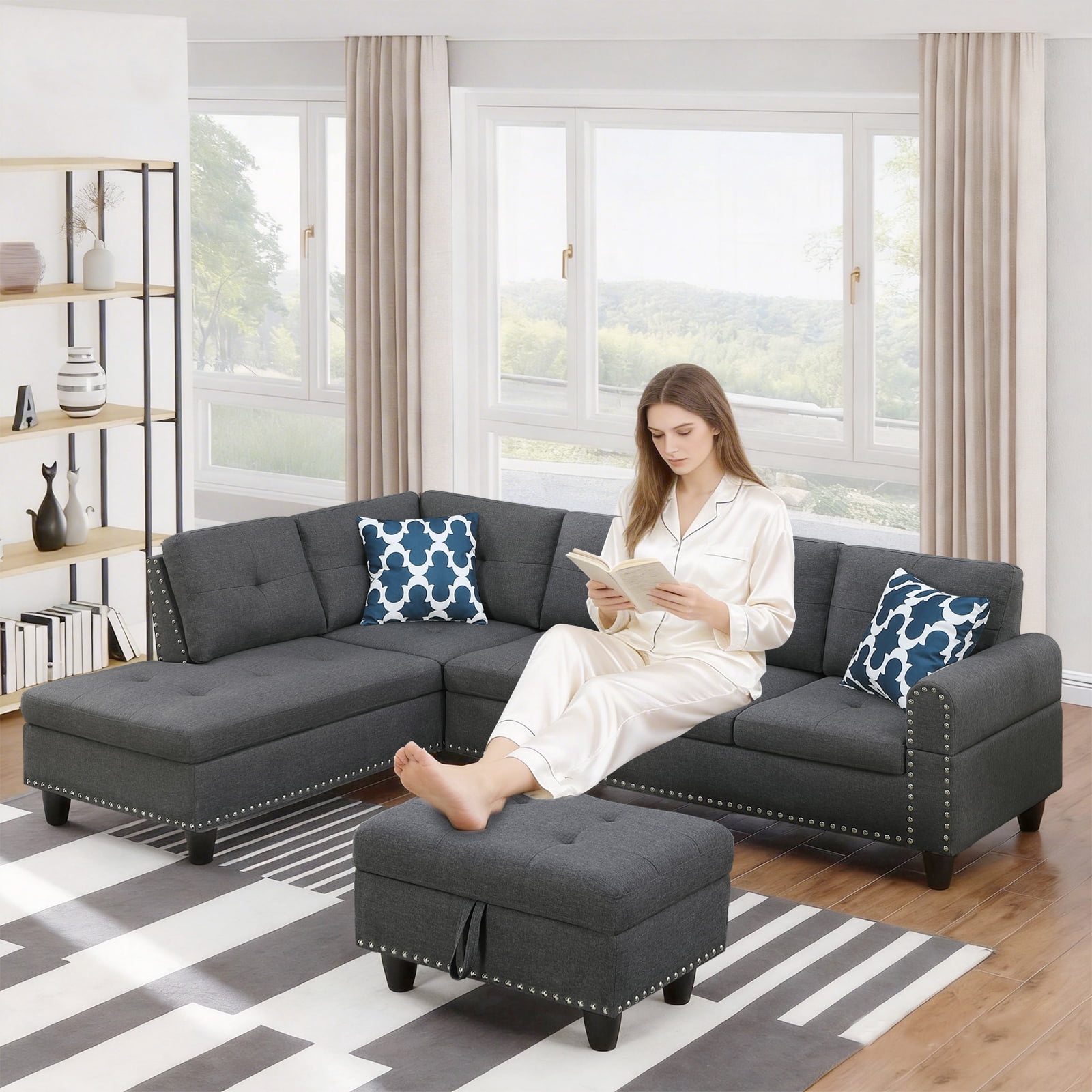 Dreamzie Flippable Backrest Sectional Sofa Set, L-Shaped Linen Modular Sectional Couches for Living Room, Apartment, Storage Ottoman,Dark Gray