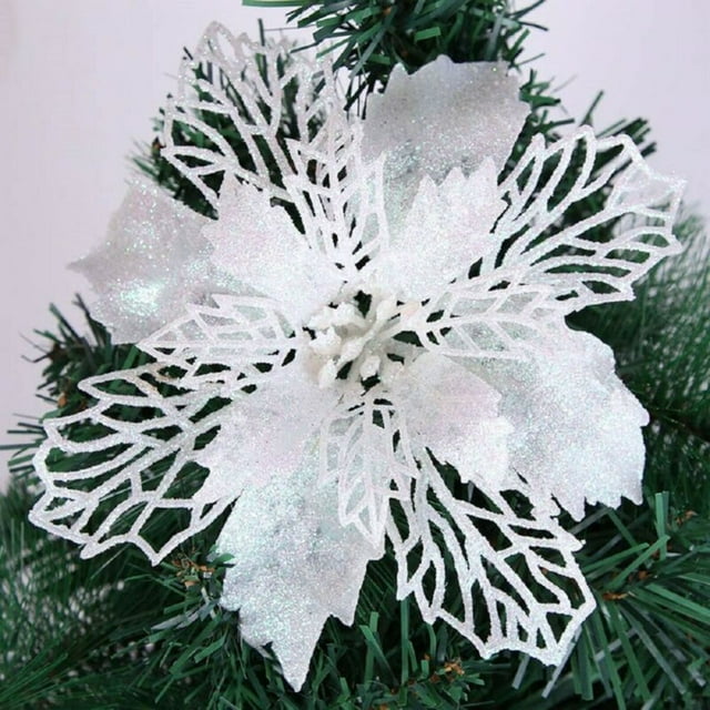 10Pcs Christmas Glitter Artificial Poinsettia Flowers Xmas Poinsettia Artificial Wedding Flowers Decorations Xmas Tree Ornaments for Party Favors, 4.8inch