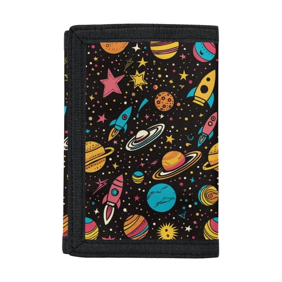 FUIALDOLG Space Planet Rocket Trifold Card Wallet, Stretch Polyester Lightweight Dustproof Kids Wallet for Children Teens Daily Shopping Outdoor