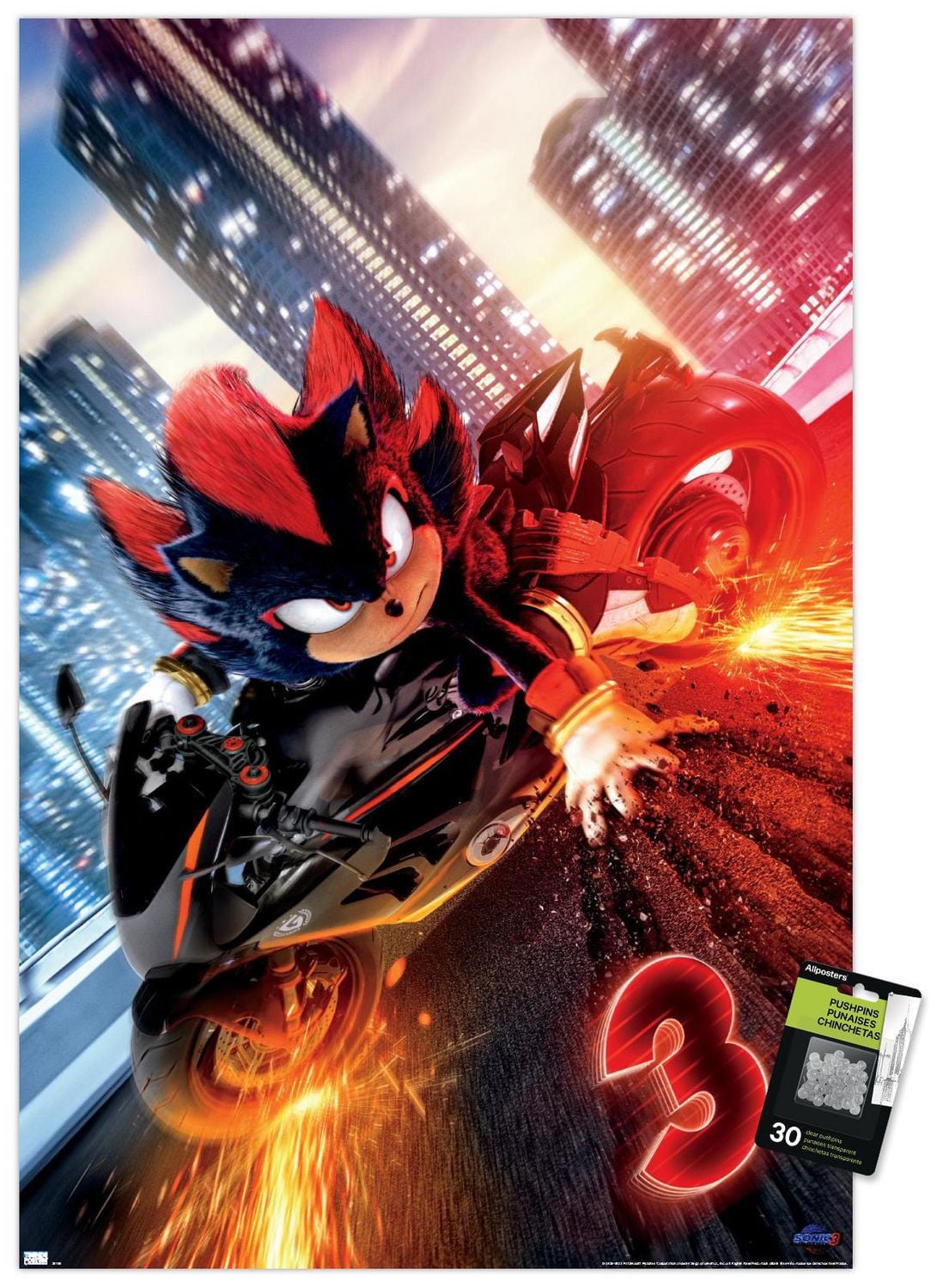Sonic the Hedgehog 3 - Shadow Motorcycle One Sheet Wall Poster, 14.725" x 22.375" Framed