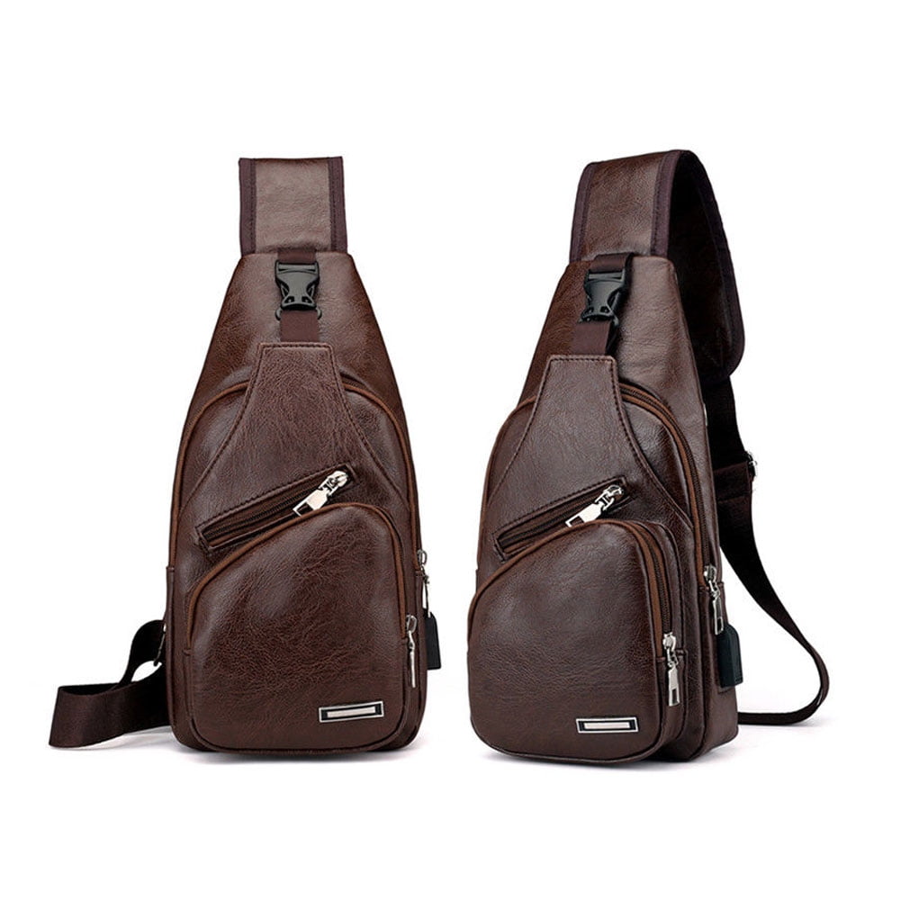 Mens Leather Shoulder Bag Sling Chest Pack Sports Crossbody Handbag USB Charging 