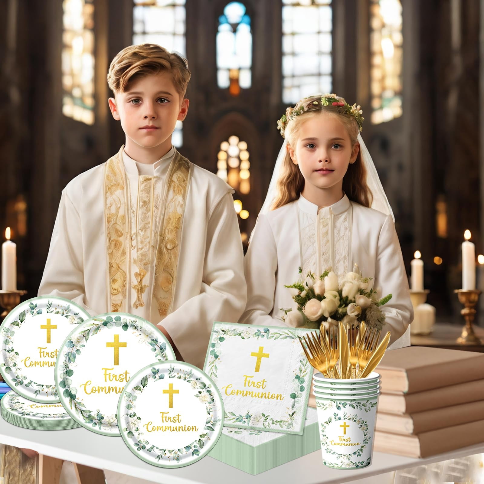 Communion Decorations – Includes 9" & 7" Plates, Napkins, Cups, Cutlery, Serves 25, for First Holy Communion, Baptism, Primera Comunion Party, Available in Pink, Blue, or Green