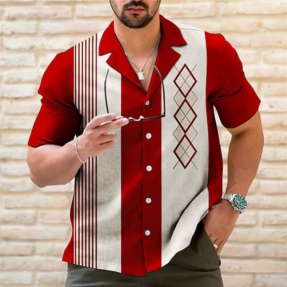 Lefu Mens Casual Vintage Bowling Shirt Retro Striped Short Sleeve Button Down Shirts