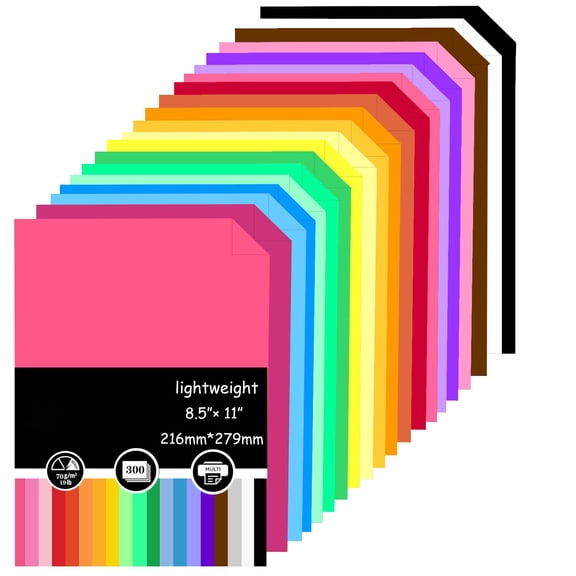 Colored Paper, 300 Sheets 8.5 x 11 Inch Double Sided Construction Paper, Lightweight 70gsm Printer Paper, 20 Assorted Colors for Crafts, Art Projects, Origami, Drawing, DIY, Home, School, Office Use