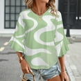 thumbnail image 3 of Pastel Green Wavy Abstract Art Women's V-Neck Blouse With 3/4 Ruffled Bell Sleeves Casual Top Ladies Blouses, 3 of 7