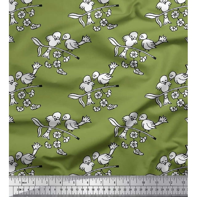 Soimoi Poly Georgette Fabric Leaves,Bird & Floral Block Print Fabric by Yard 52 Inch Wide