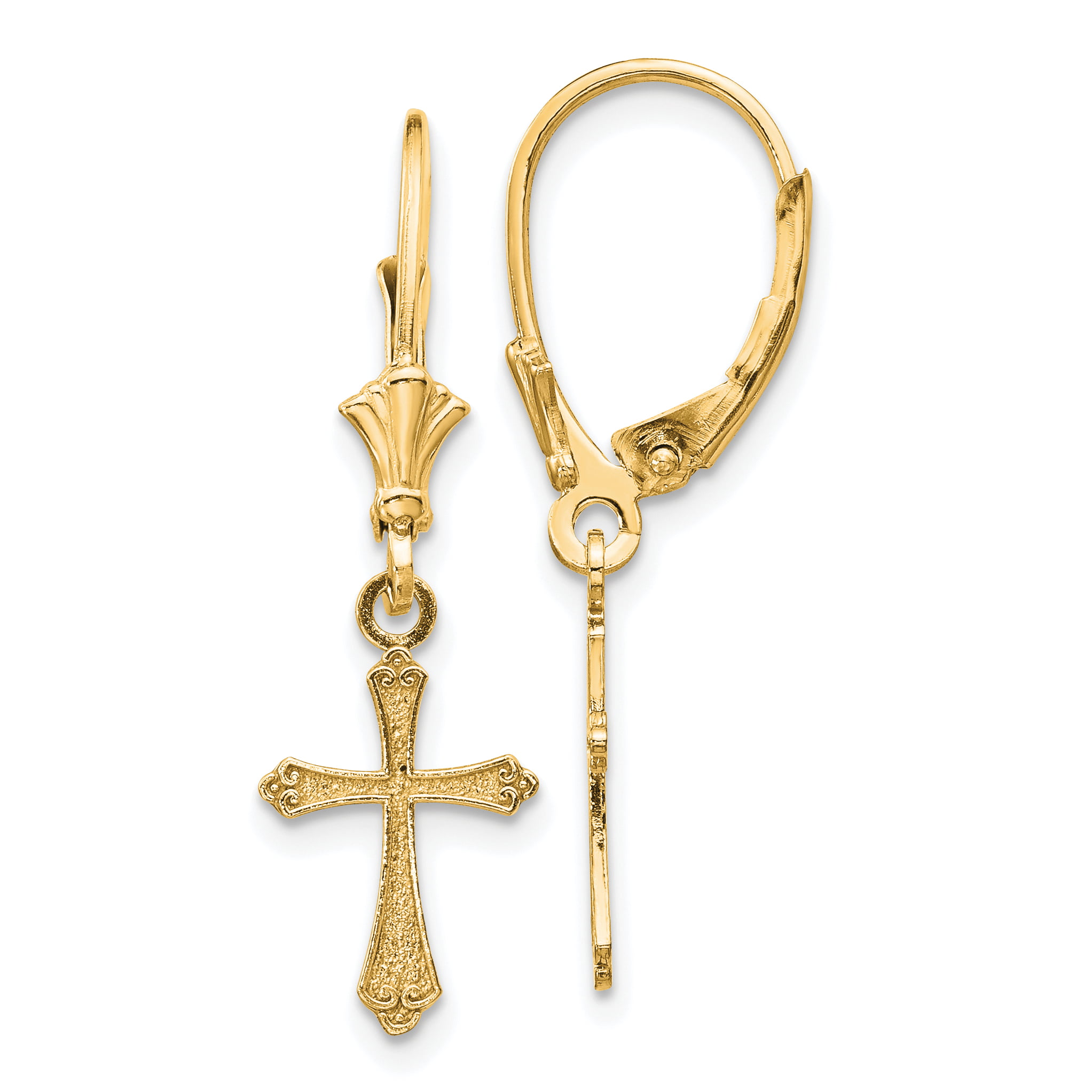 14K Yellow Gold Mini Cross with Scroll Tips Dangle Lever back Earrings MSRP $202