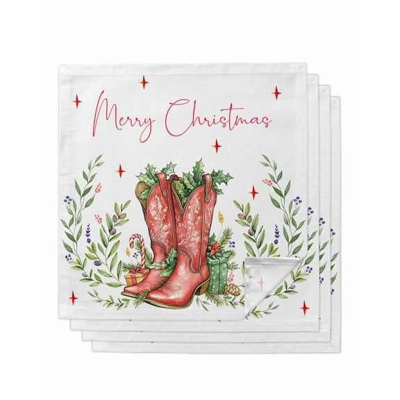 Christmas Cloth Napkins Set of 4, Cowboy Xmas Botanical Watercolor Washable Reusable Dinner Cocktail Napkin for Kitchen Party Wedding Banquet Holiday Baby Shower Table Decor