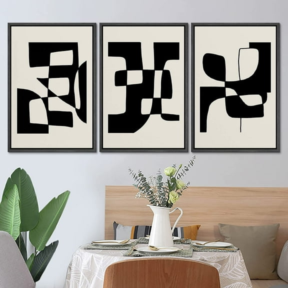 PixonSign Framed Canvas Print Wall Art Set Duotone Mid-Century Geometric Figure Collage Abstract Shapes Illustrations Modern Art Boho Decorative for Living Room, Bedroom, Office - 24"x36"x3 BLACK