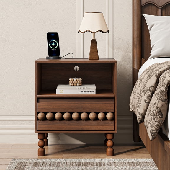 Nightstand with Charging Station, Storage Drawer and Open Shelf, Modern Bedside Table with Decorative Wooden Ball Accents, End Table for Bedroom, Living Room, Walnut