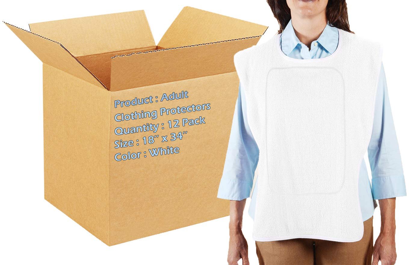 Pack of 12 Adult Clothing Protectors, White 18 x 34. Reusable