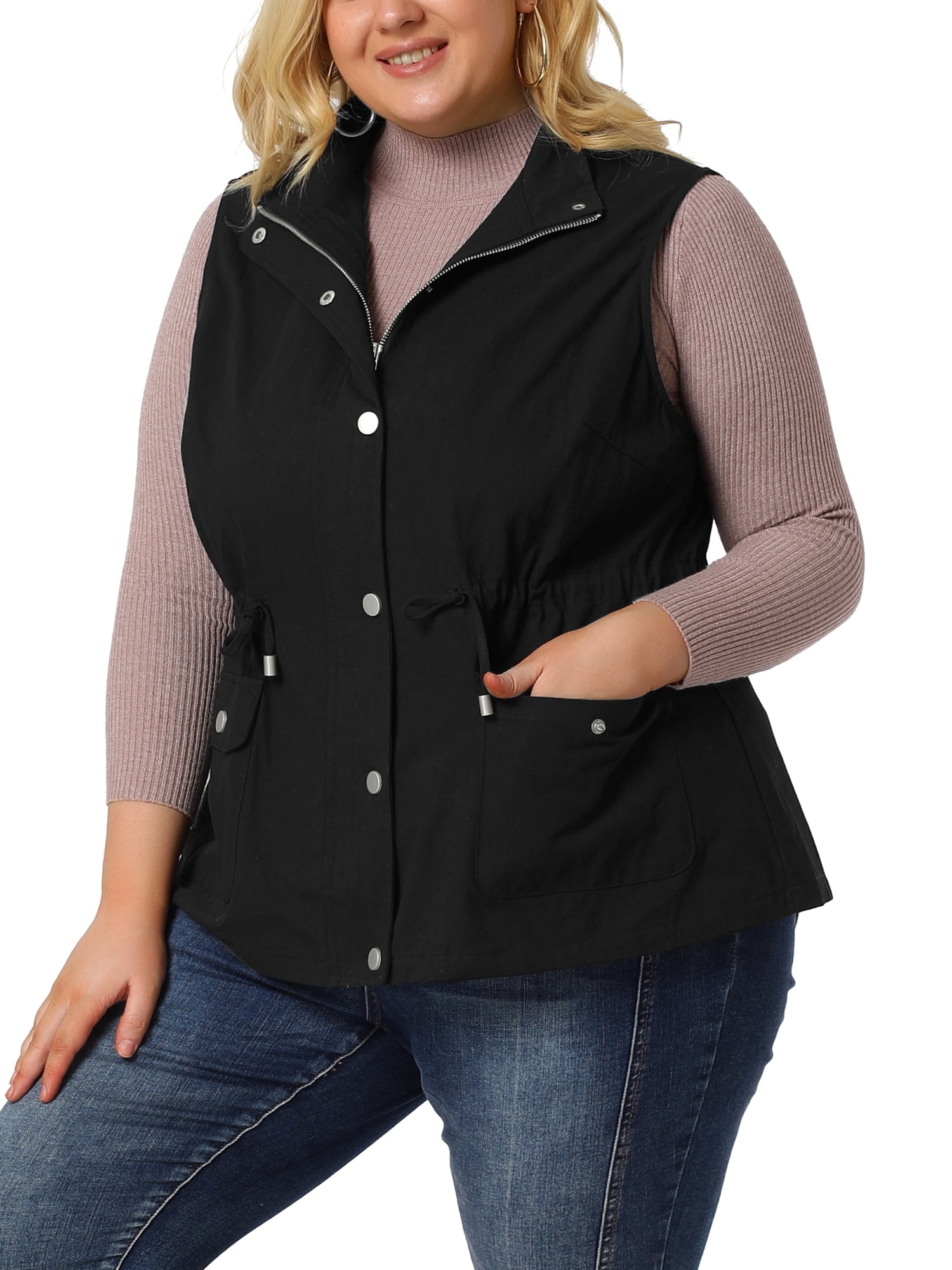 Unique Bargains Juniors' Plus Size Sleeveless Cargo Drawstring Waist Fashion Jacket Vest 2X Black