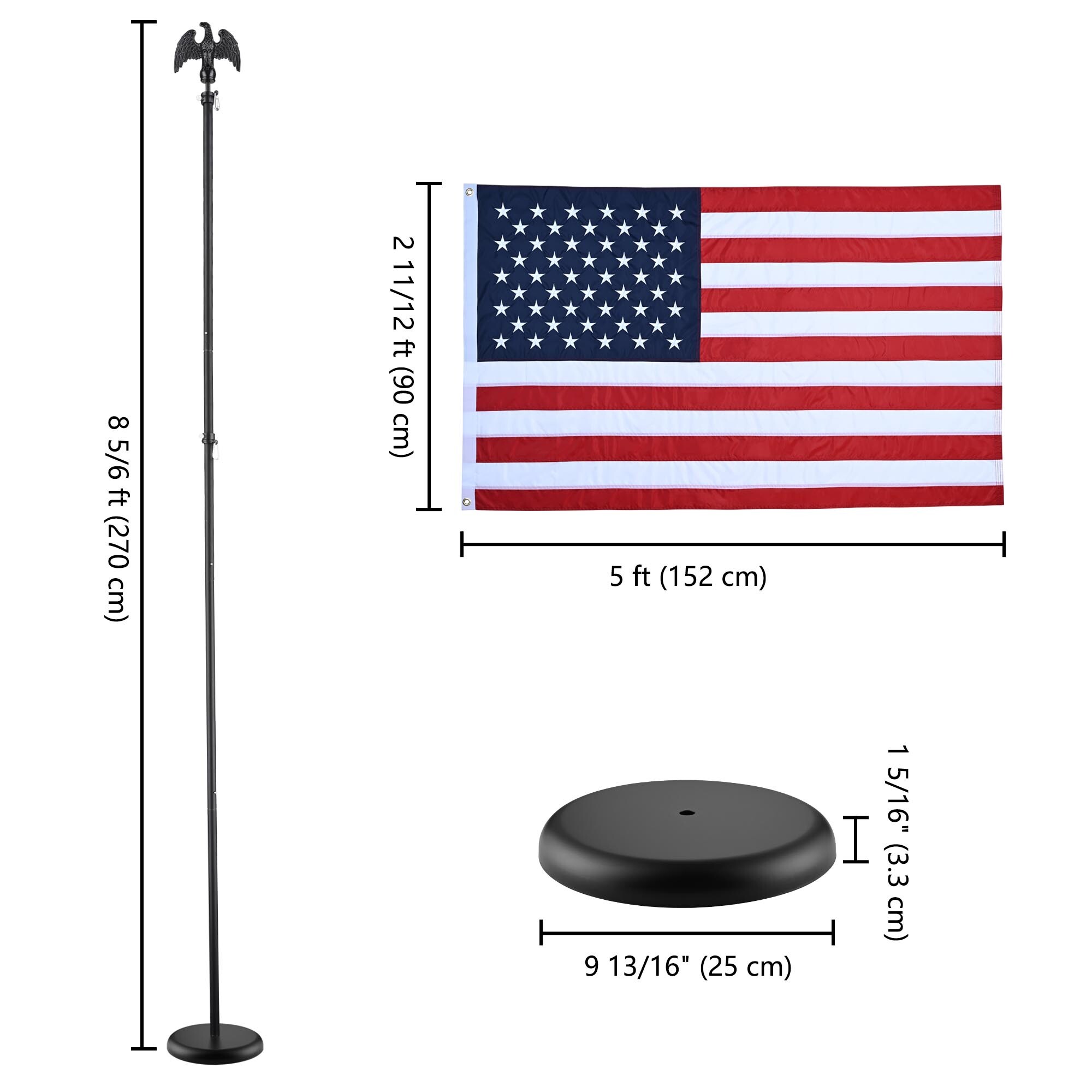 8 Ft Sectional Indoor Flag Pole Kit Eagle Topper Aluminum 3x5 Ft US Flag & Base