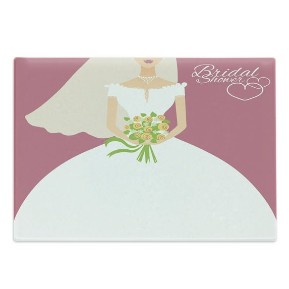 Bridal Shower Cutting Board, Wedding Day Celebration Bride Plain Colored Dress and Flowers Image, Decorative Tempered Glass Cutting and Serving Board, Large Size, Dark Coral and White, by Ambesonne