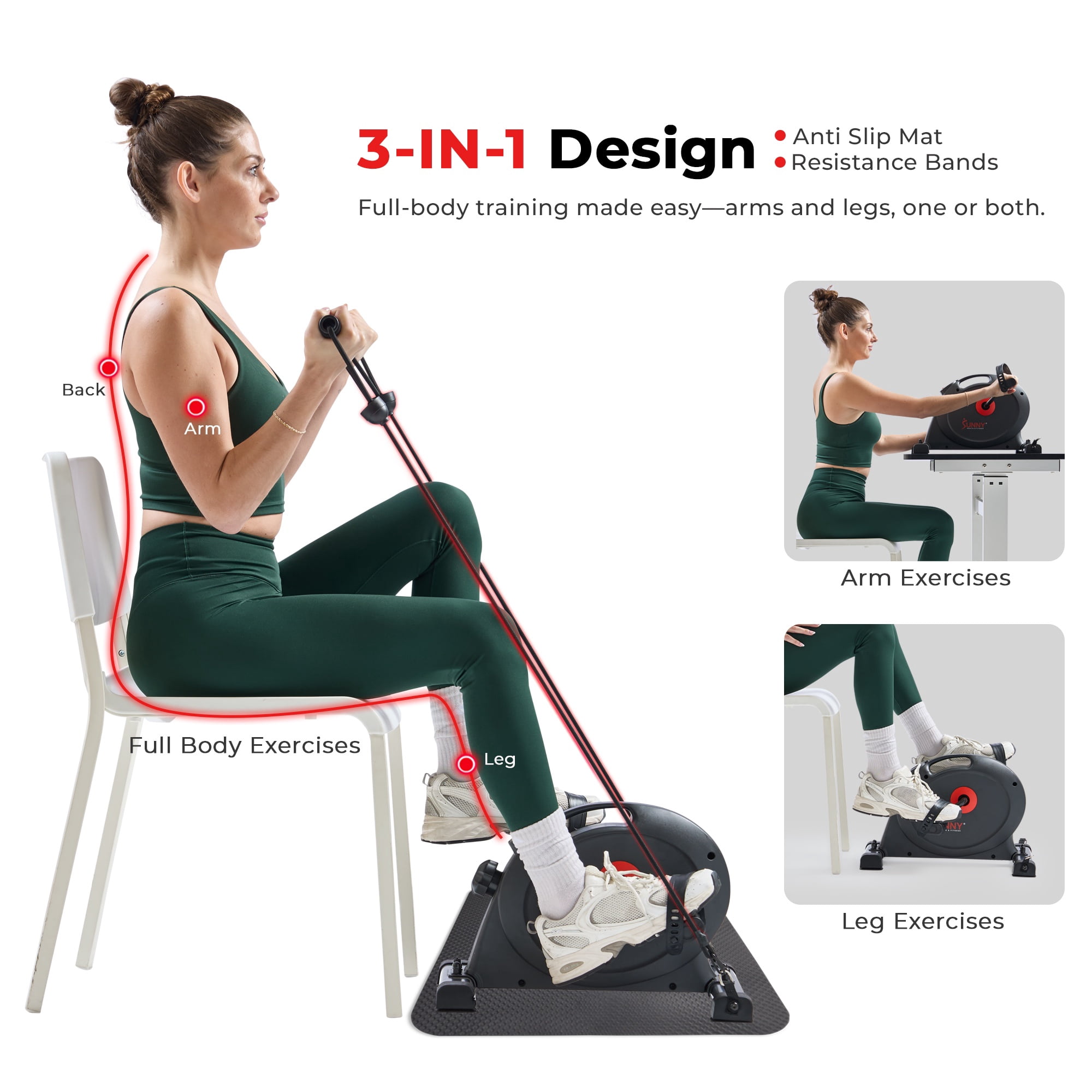 Under Desk Smart Mini Pedal Exerciser, Low Profile Exercise Cycle Bike and Mat/Workout Bands w Free SunnyFit App SF-B0418SMART by Sunny Health & Fitness