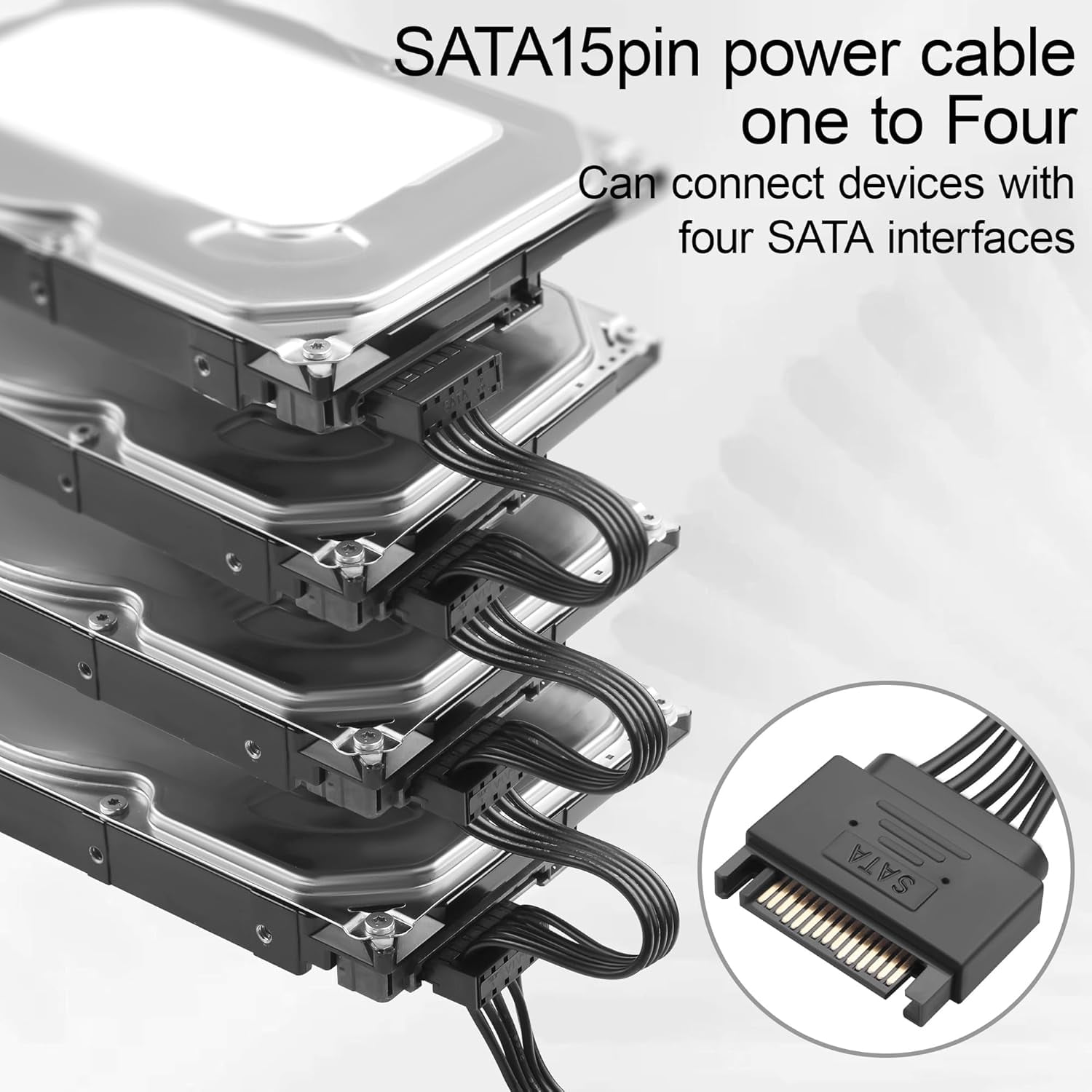 HRTGFD-SATA 15PIN Male to 4 SATA 15 Pin Female Power Splitter 1 to 4 Serial ATA Powered Expansion Cable for PC/NAS/Server SSD/HDD, DVD/CD-ROM - 20.5 in.