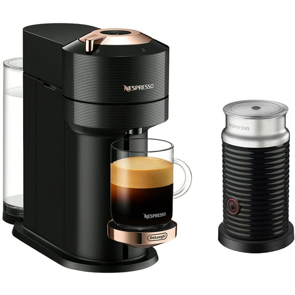 Nespresso by De'Longhi Vertuo Next Premium Coffee and Espresso Maker in Black Rose Gold plus Aeroccino 3 Milk Frother in Black