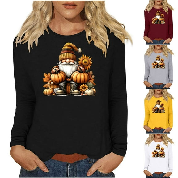 VKOYWKM Happy Thanksgiving Shirts for Women Fall Tops Thanksgiving Graphic Tees Long Sleeve Thankful Blessed Blouse Cute Crew Neck Holiday Top