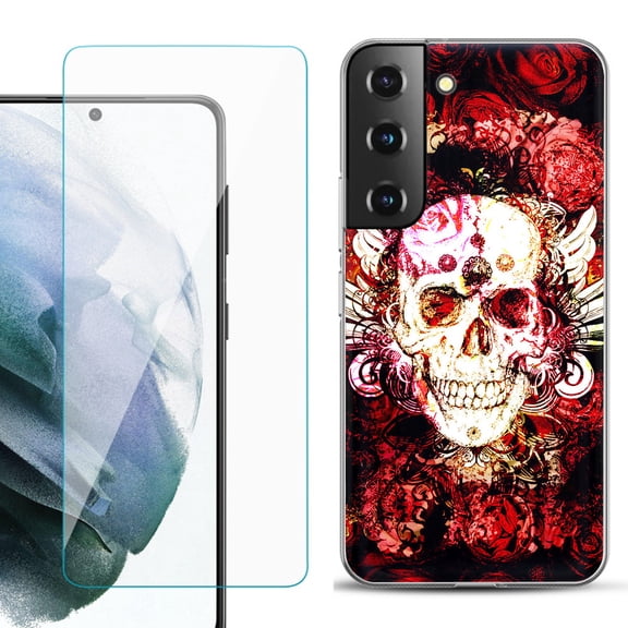 Slim-Fit TPU Fashion Phone Case for Samsung Galaxy S22 5G, with Tempered Glass Screen Protector, by OneToughShield ® - Rose Skull
