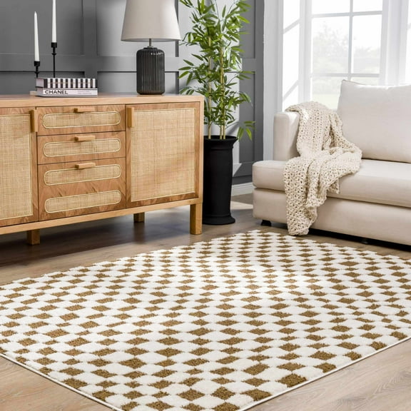 Hauteloom Lajos Living Room, Bedroom Area Rug - Checkered - High Pile - Brown, White - 18" x 18" Sample