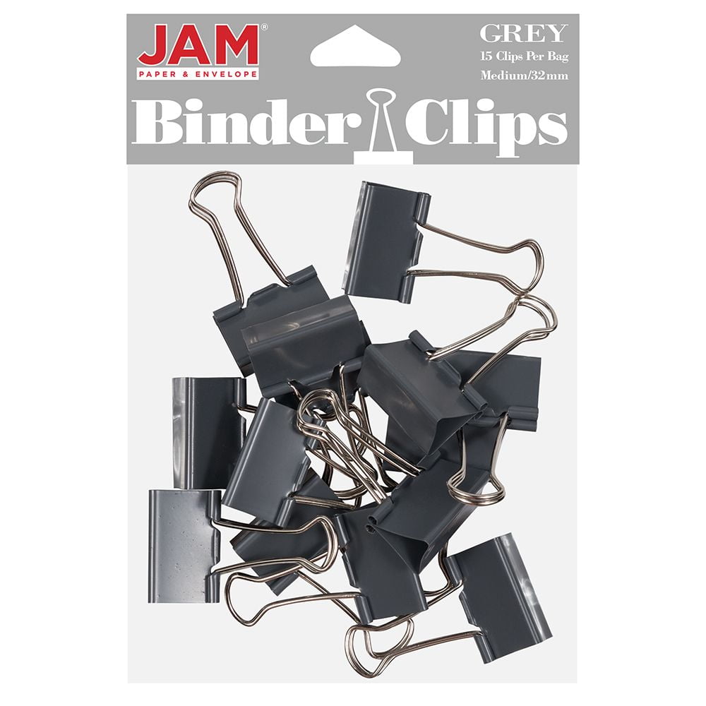 JAM Colorful Binder Clips, Medium, 1 1/4 Inch (32 mm), Grey Binderclips, 15/Pack